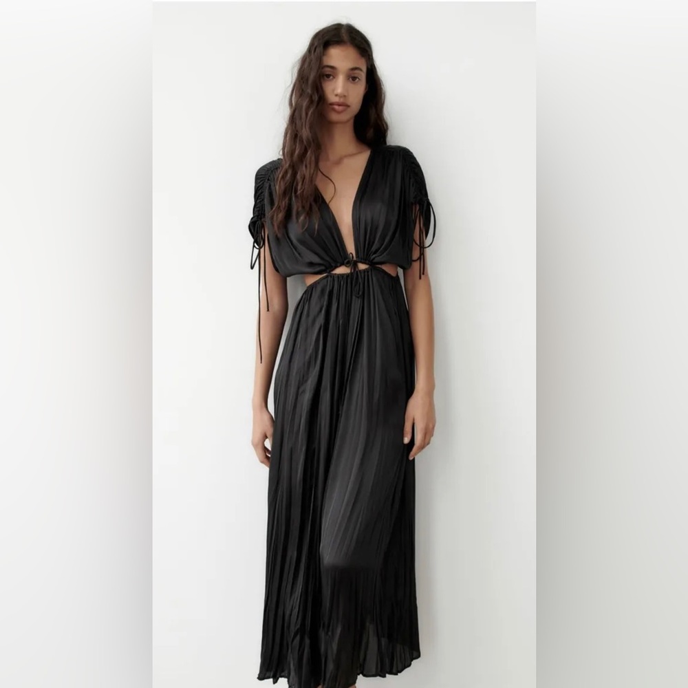 Zara Black Wrinkle Silk Cut Out Tie Maxi Dress L